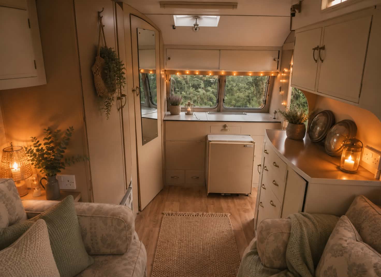 Matilda's warm interior kitchen and seating area